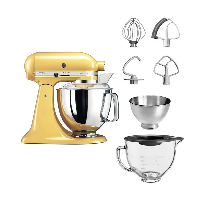 majestic yellow kitchenAid stand mixer with free glass bowl